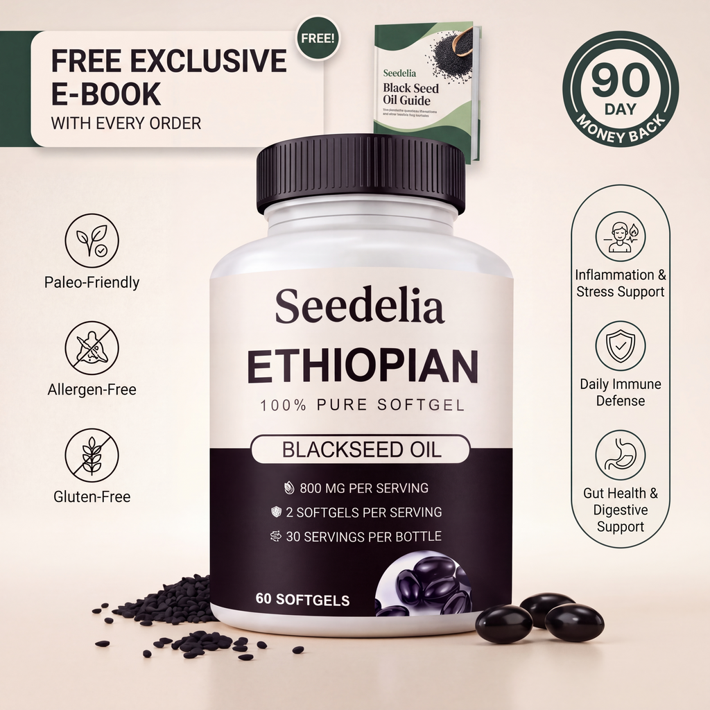 Seedelia Ethiopian Black Seed Oil Softgels bottle with softgels and product offer
