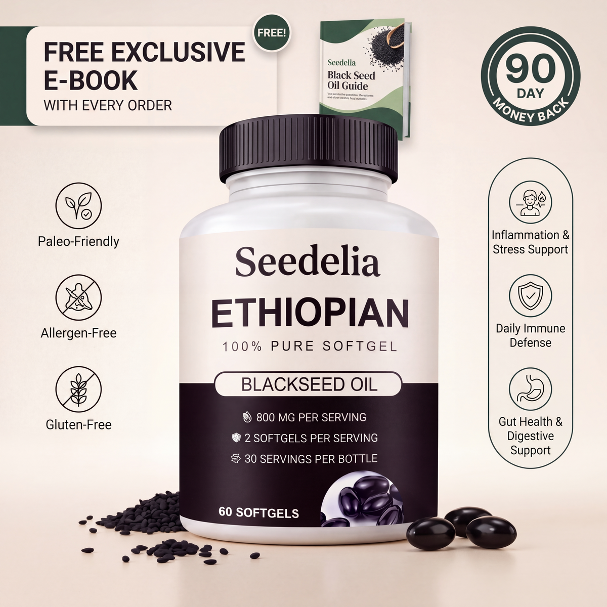 Seedelia Ethiopian Black Seed Oil Softgels bottle with softgels and product offer