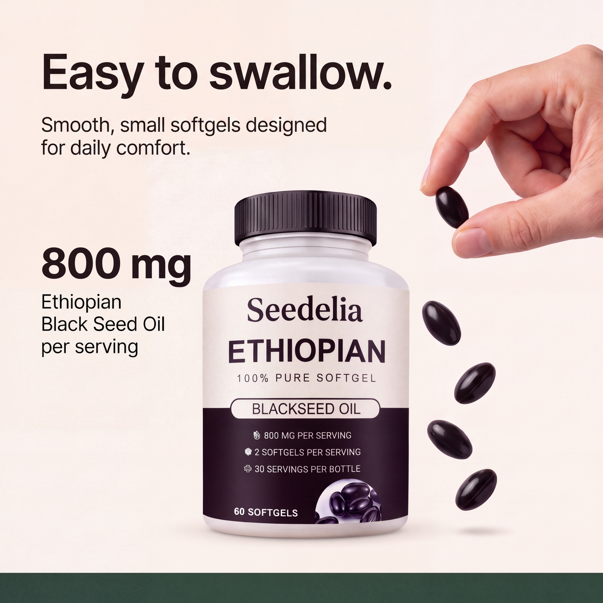 Seedelia bottle and softgel shown between fingertips