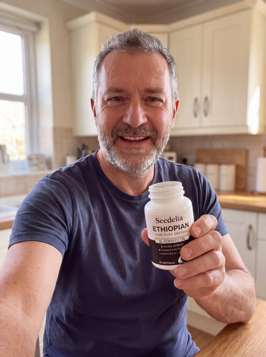 Marcel T. holding a Seedelia black seed oil bottle