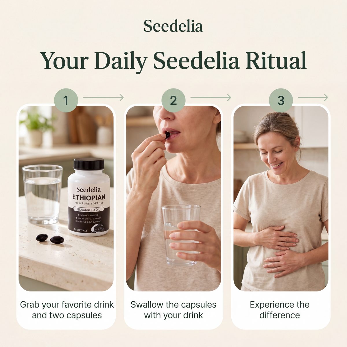 Your daily Seedelia ritual: take two black seed oil softgels with water and make it part of your daily routine.